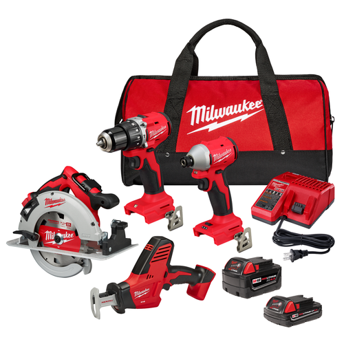 Milwaukee M18 4-Tool Combo Kit 3693-24CX with hammer drill, impact driver, circular saw, Hackzall, two batteries, charger, and contractor bag