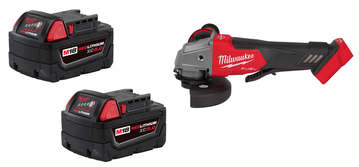 Milwaukee 48-11-1852 2 Pack of M18 5.0 Batteries w/ FREE M18 4 1/2-5" Grinder 2880-20