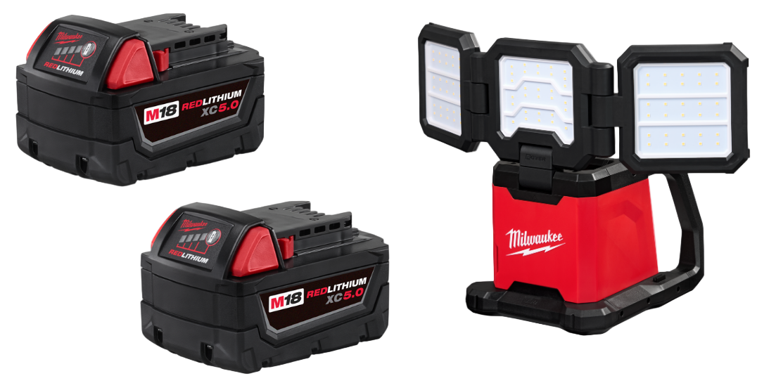 Milwaukee 48-11-1852 2 Pack of M18 5.0 Batteries w/ FREE M18 ROVER Dual Power Triple-Panel Flood and Area Light2368-20