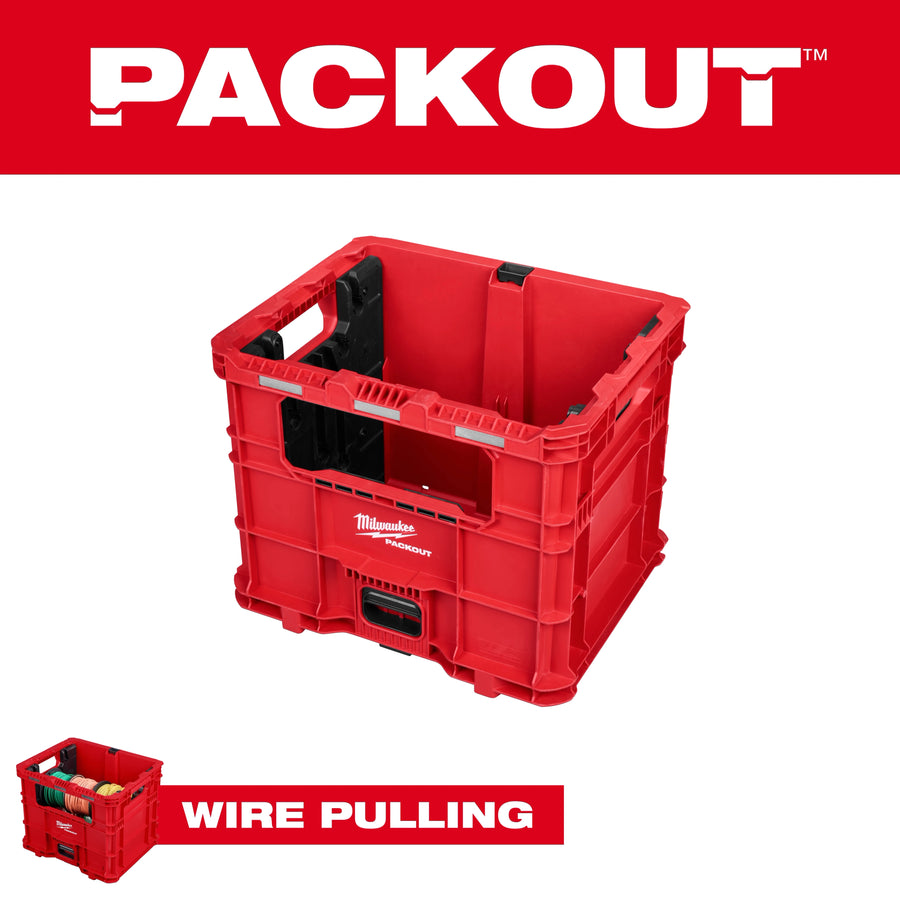 Milwaukee PACKOUT Wire Pulling XL Crate 48-22-8043 shown loaded with wire spools (wire and conduit not included)