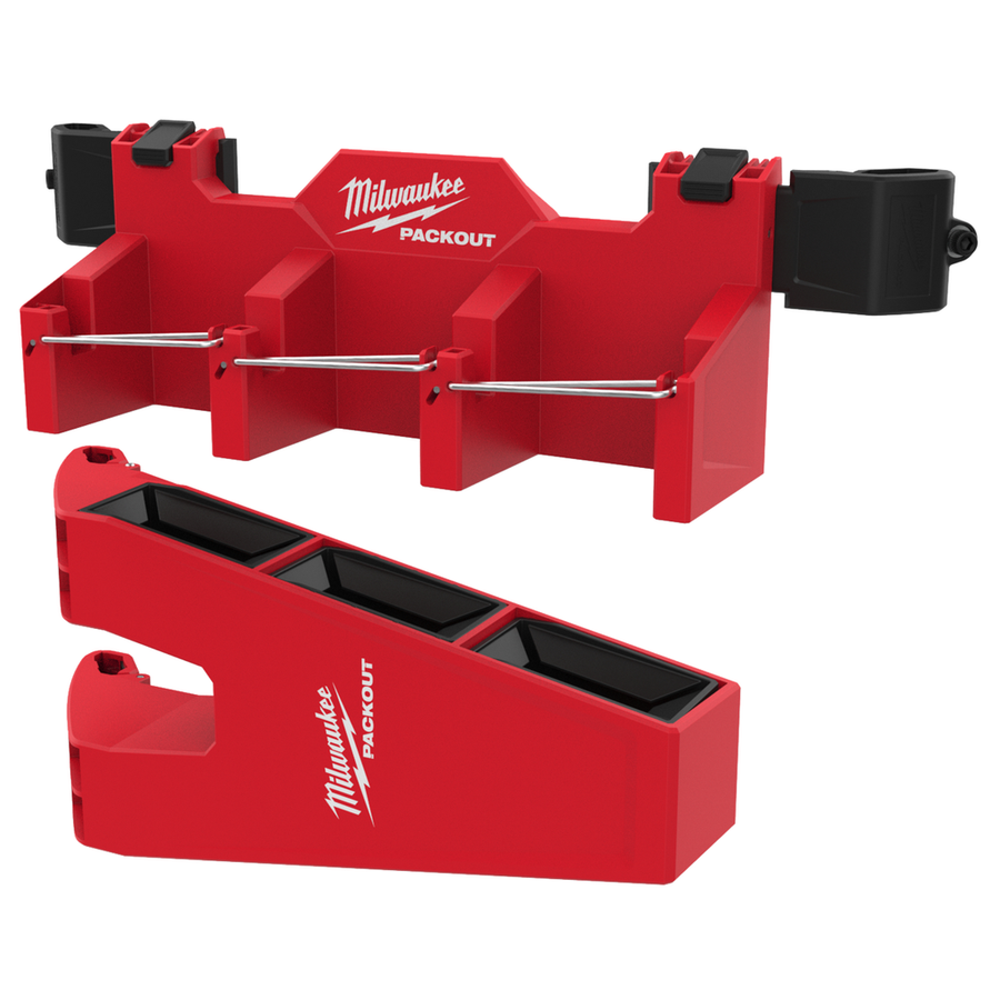 Milwaukee PACKOUT Long Tool Holder Attachment 48-22-8607 mounted to a PACKOUT stack holding long tools