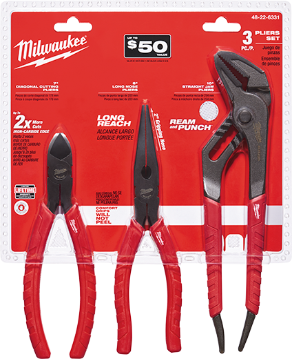Milwaukee 3-Piece Comfort Grip Pliers Kit 48-22-6331 with 10-inch straight jaw, 8-inch long nose, and 7-inch diagonal cutting pliers