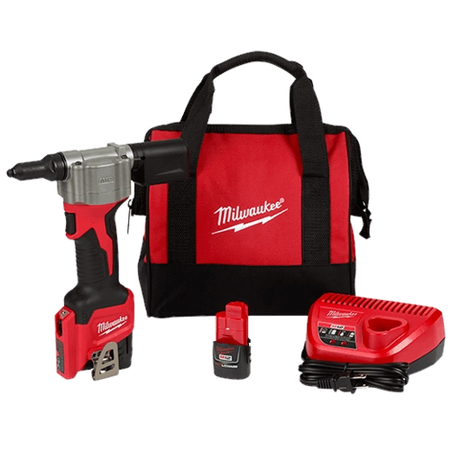 Milwaukee M12 Rivet Tool Kit 2550-22 with batteries, charger and bag