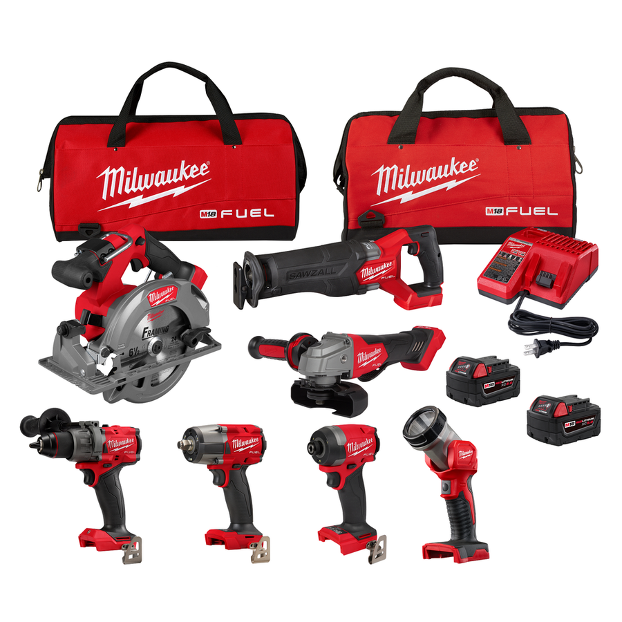Milwaukee M18 FUEL 7-Tool Combo Kit 3697-27 with hammer drill, impact driver, impact wrench, SAWZALL, circular saw, grinder, LED work light, two batteries and charger