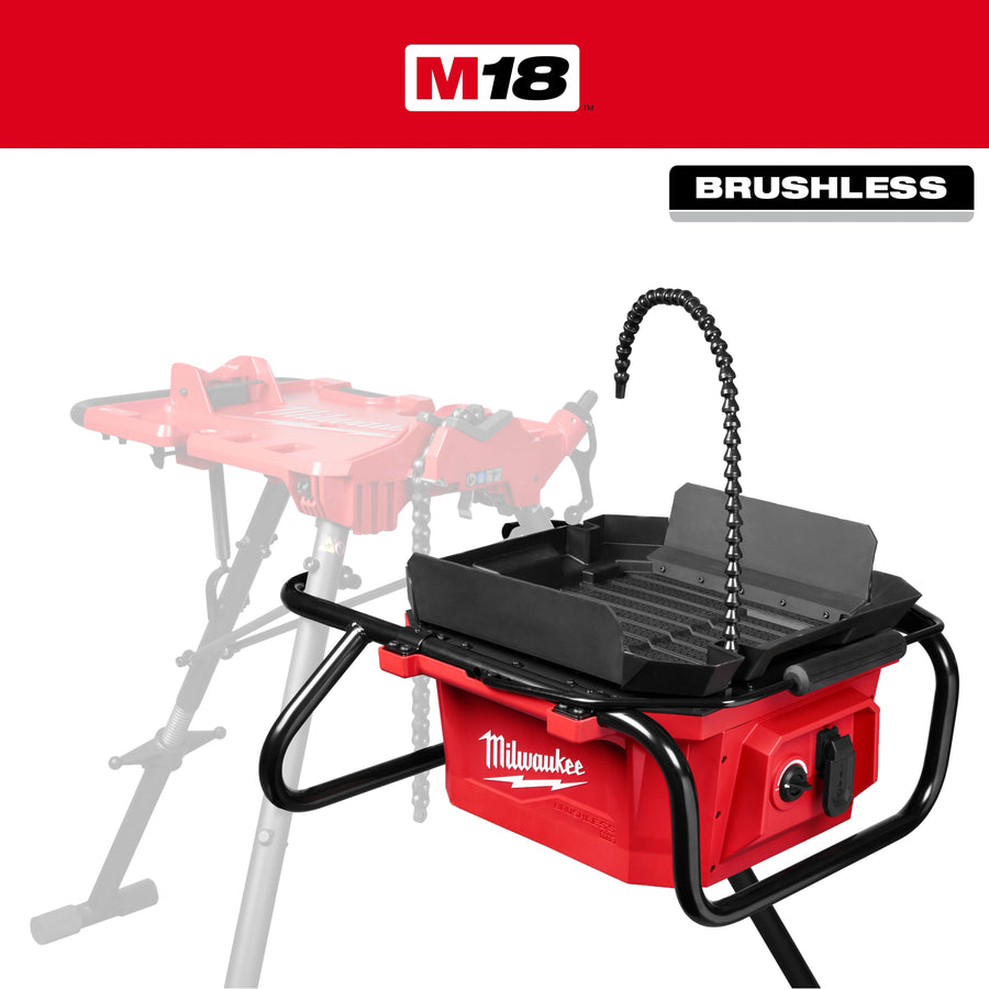 Milwaukee M18 Brushless Pipe Threading Oiler 3874-20 with chip tray, flexible oil spout and steel frame