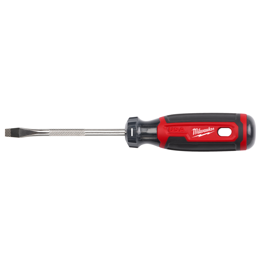Milwaukee 1/4 inch Slotted 4 inch Cushion Grip Screwdriver MT206, USA-made hand screwdriver with red and black cushion grip handle