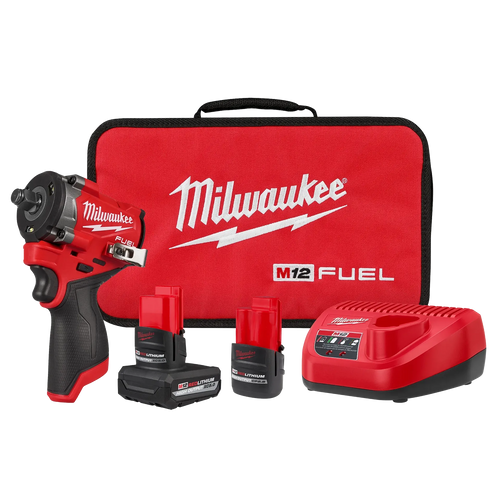 Milwaukee M12 FUEL Stubby 1/2 in. Impact Wrench Kit 2563-22 with batteries, charger and bag