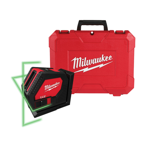 Milwaukee Green Cross Line Laser 3421 with its red carrying case, projecting green cross lines