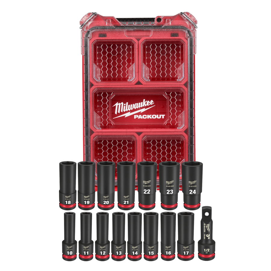 Milwaukee SHOCKWAVE Impact Duty 16pc 1/2" drive deep metric socket set 49-66-6803 in PACKOUT Compact Organizer
