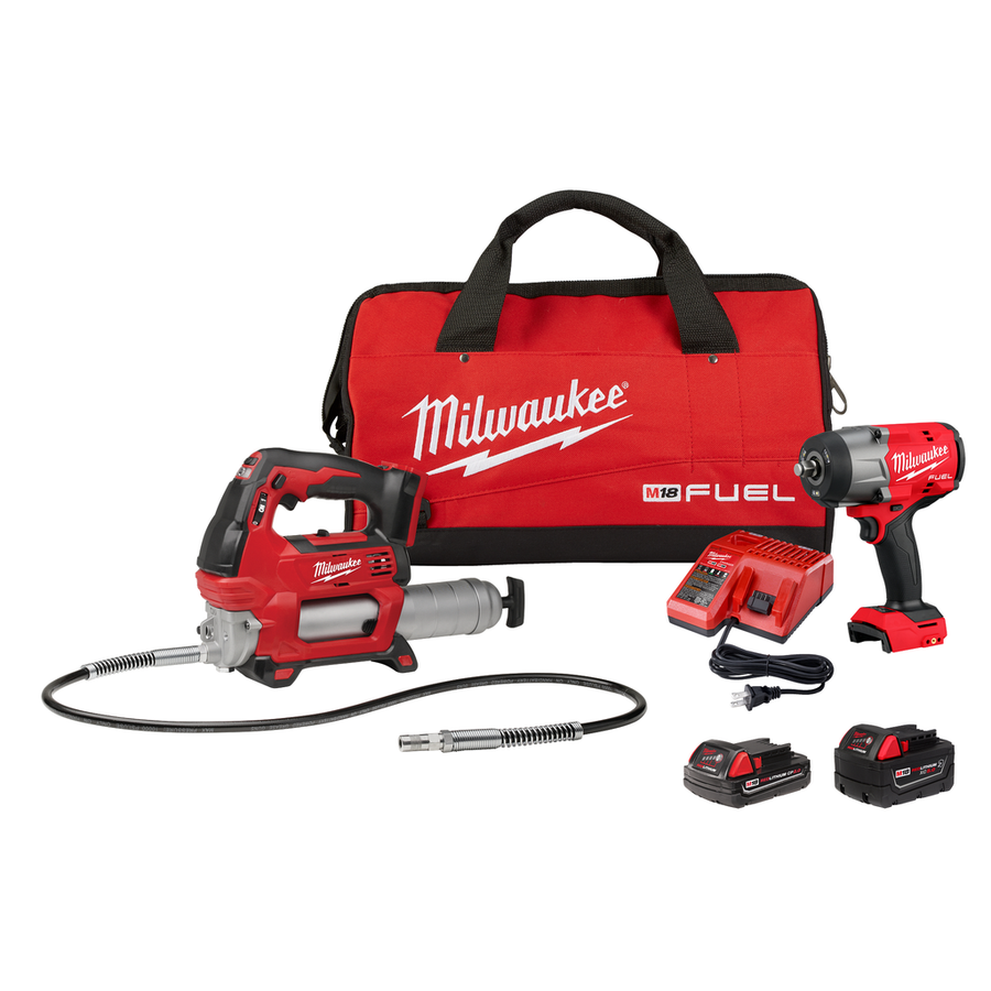 Milwaukee M18 FUEL 1/2 inch High Torque Impact Wrench with Friction Ring and Grease Gun Combo Kit, model 2967-22GG