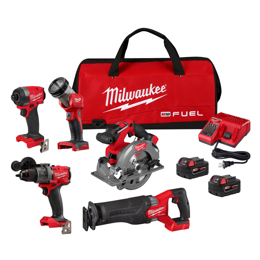 Milwaukee M18 FUEL 5-Tool Combo Kit 3697-25 with hammer drill, impact driver, SAWZALL, circular saw, work light, batteries and charger