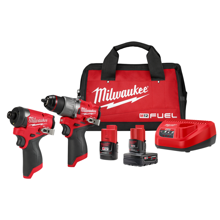 Milwaukee M12 FUEL 2-Tool Combo Kit 3497-22 with 1/2 inch drill/driver, 1/4 inch hex impact driver, two REDLITHIUM batteries, charger and contractor bag
