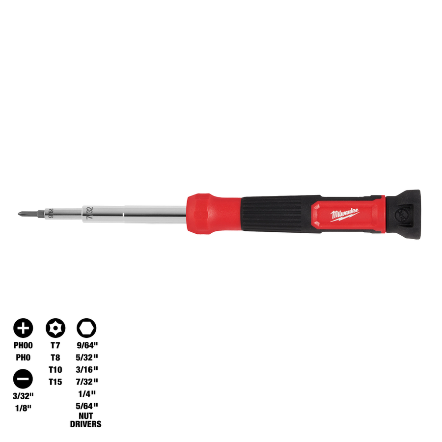 Milwaukee 14-in-1 Precision Multi-Bit Screwdriver 48-22-2933 with black and red overmolded grip and chrome shank