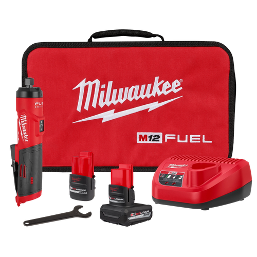 Milwaukee M12 FUEL 1/4" Straight Die Grinder Kit 3486-22 with XC5.0 and CP2.5 batteries, charger, wrench and contractor bag