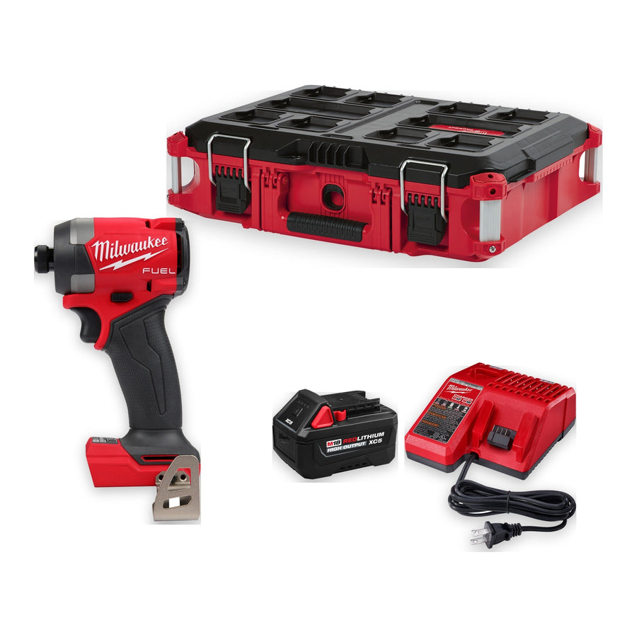 Milwaukee M18 FUEL 1/4 in. Hex Impact Driver PACKOUT Kit 2953-21HO with HIGH OUTPUT XC5.0 battery, charger and PACKOUT Tool Box with foam insert