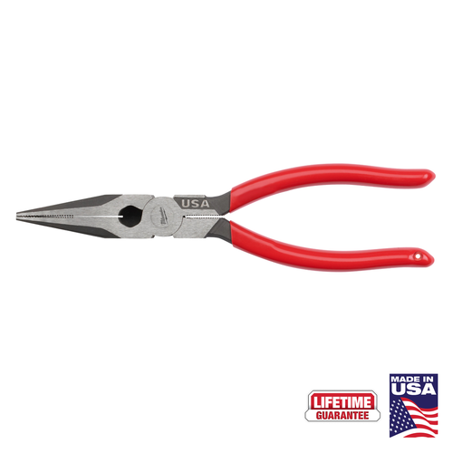 Milwaukee MT505 8-inch Long Nose Dipped Grip Pliers, USA-made, red and chrome finish