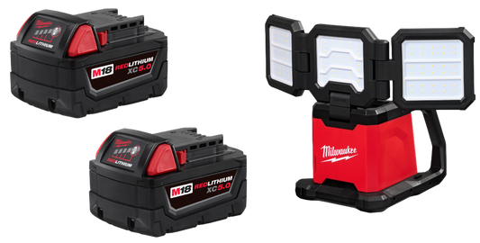 Milwaukee 48-11-1852 2 Pack of M18 5.0 Batteries w/ FREE M18 ROVER Dual Power Triple-Panel Flood and Area Light2368-20