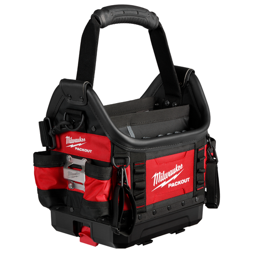 Milwaukee PACKOUT 10 inch Structured Tote 48-22-8311, red ballistic tool bag with molded base
