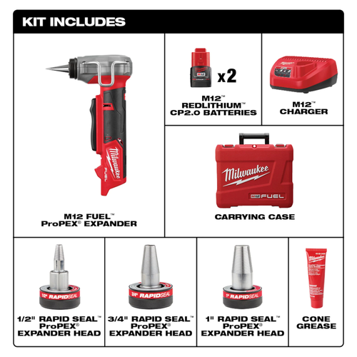 Milwaukee M12 FUEL ProPEX Expander Kit 2532-22 - what's included: expander, 3 RAPID SEAL heads, 2 batteries, charger, case, cone grease