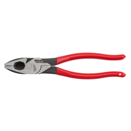 Milwaukee 9 inch Lineman's Dipped Grip Pliers MT500, USA-made with press-forged steel, red dipped grip handles, and laser-hardened cutting edges