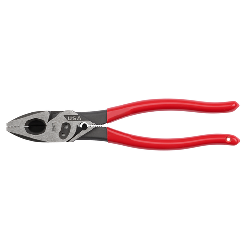 Milwaukee MT500C 9-inch Lineman's Dipped Grip Pliers with integrated crimper and #6/#8 bolt cutter, made in USA