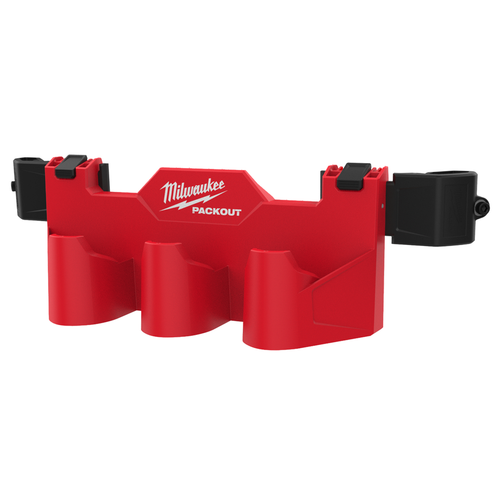 Milwaukee PACKOUT Tool Box M12 Battery Rack Attachment 48-22-8604 holding three M12 batteries mounted to a PACKOUT stack