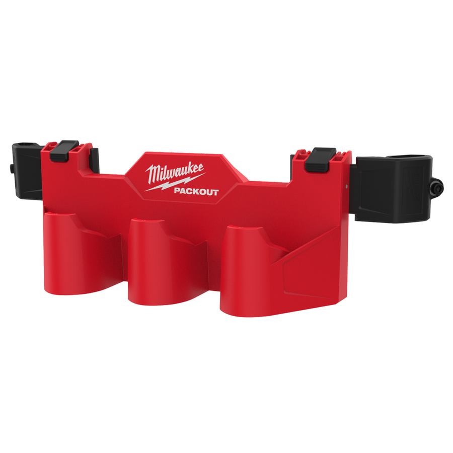 Milwaukee PACKOUT Tool Box M12 Battery Rack Attachment 48-22-8604 holding three M12 batteries mounted to a PACKOUT stack