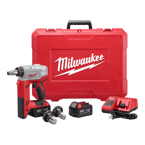 Milwaukee M18 ProPEX Expansion Tool Kit 2632-22XC with expander, batteries, charger, heads, and carrying case