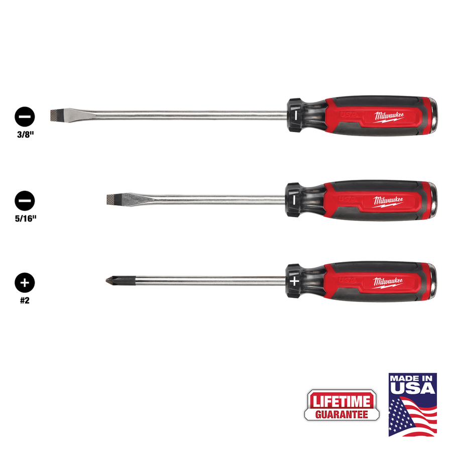 Milwaukee #2 Phillips 6-inch Cushion Grip Demolition Screwdriver, model MT205, with black and red cushion grip handle and hammer-ready strike cap