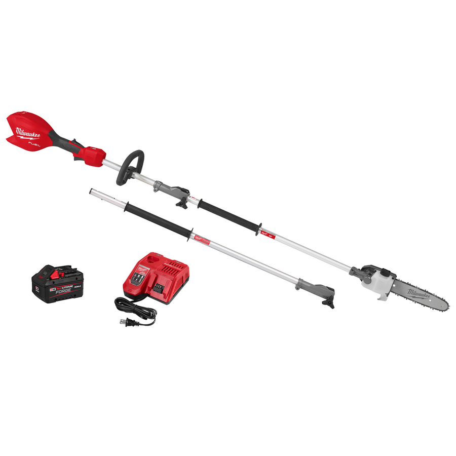 Milwaukee M18 FUEL 10 inch QUIK-LOK Pole Saw Kit 3016-21PS with power head, pole saw attachment, and battery