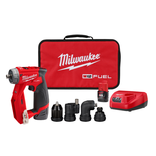 Milwaukee M12 FUEL Installation Drill/Driver Kit 2505-22 with 4-in-1 attachments, battery, and charger