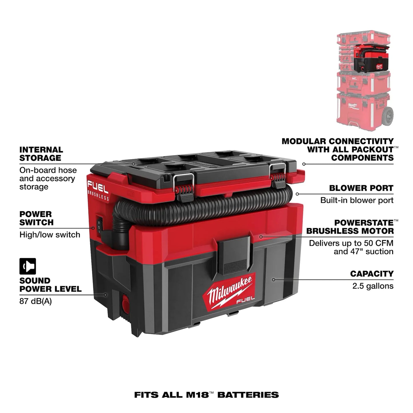 M18 FUEL™ PACKOUT™ 2.5 Gallon Wet/Dry Vacuum