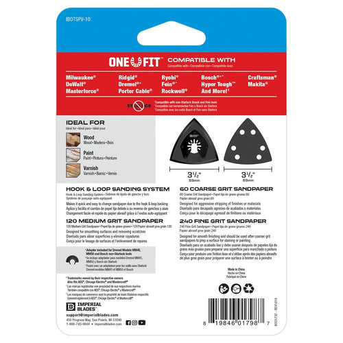 IMPERIAL BLADES ONE-FIT 3-1/2" Oscillating Triangle Sanding Pad + Sandpaper Variety Pack, 10PC (IBOTSPV-10)