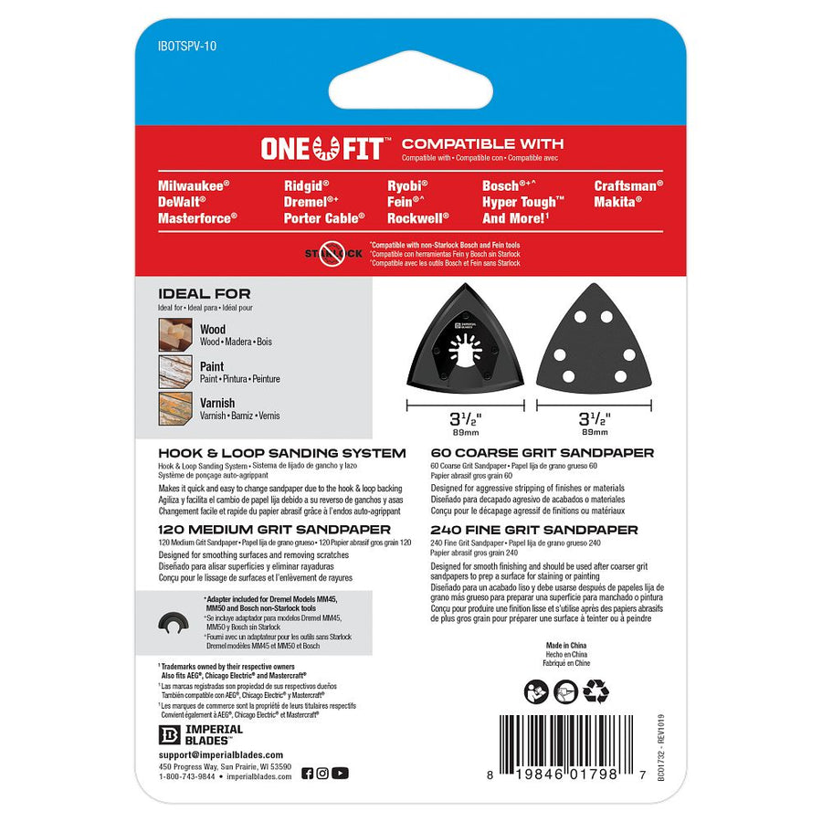 IMPERIAL BLADES ONE-FIT 3-1/2" Oscillating Triangle Sanding Pad + Sandpaper Variety Pack, 10PC (IBOTSPV-10)