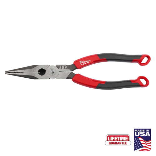 Milwaukee 8-inch Long Nose Comfort Grip Pliers MT555, USA-made forged steel needle nose pliers with red comfort grip handles