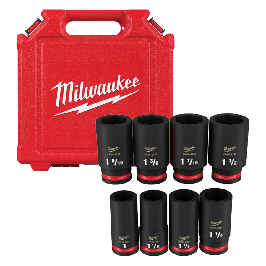 Milwaukee SHOCKWAVE Impact Duty 3/4" Drive SAE Deep 6 Point Socket Set 49-66-7018, 8-piece forged steel deep impact sockets