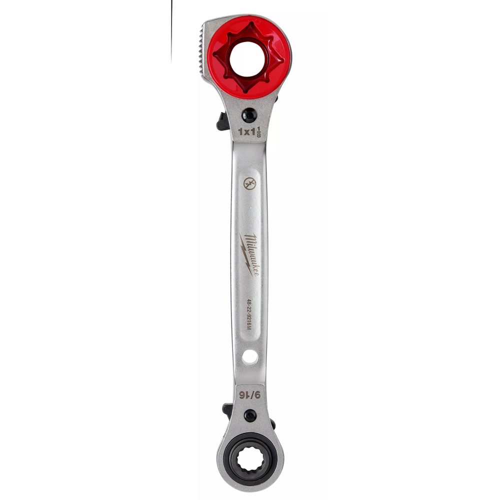 Milwaukee Lineman's 5-in-1 Ratcheting Wrench with Milled Strike Face, model 48-22-9216M, in gray forged steel