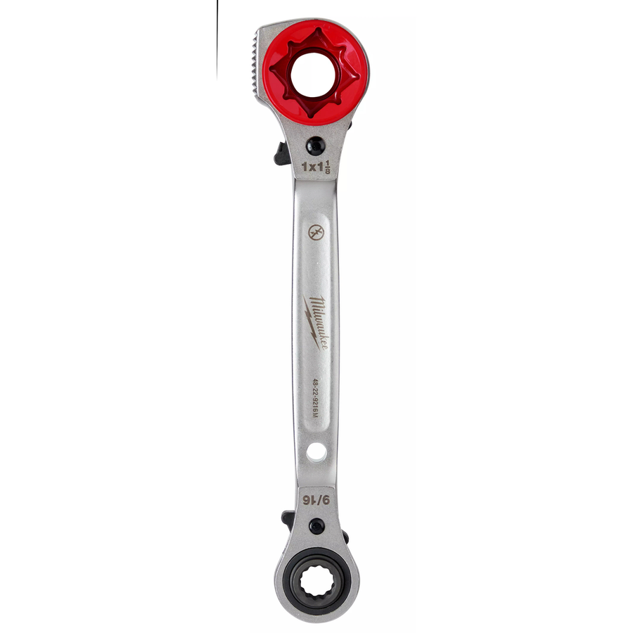 Milwaukee Lineman's 5-in-1 Ratcheting Wrench with Milled Strike Face, model 48-22-9216M, in gray forged steel