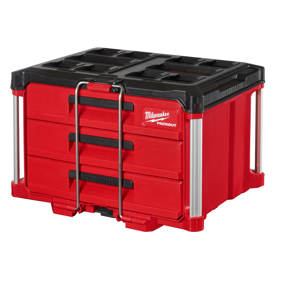 Milwaukee PACKOUT 3-Drawer Tool Box 48-22-8443, black and red modular storage unit with three drawers