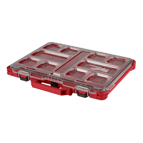 Milwaukee PACKOUT Low-Profile Organizer 48-22-8431 with clear top and 10 removable bins
