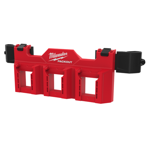 Milwaukee PACKOUT Tool Box M18 Battery Rack Attachment 48-22-8603 holding M18 batteries on a PACKOUT stack