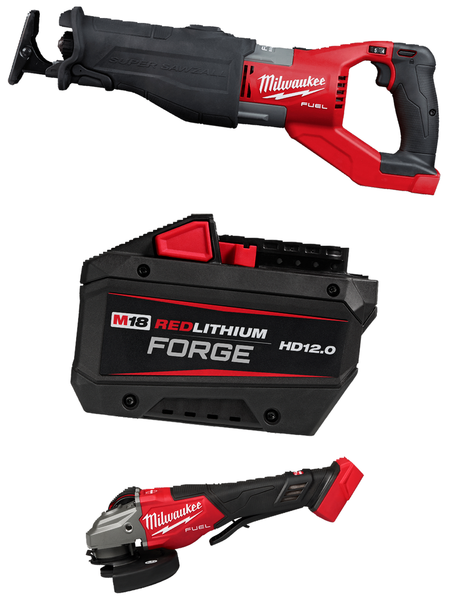 M18 FUEL SUPER SAWZALL, M18 FORGE HD12.0 battery and M18 FUEL grinder
