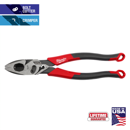 Milwaukee MT550C 9-inch Lineman's Comfort Grip Pliers with integrated crimper, #6 and #8 bolt cutter, and conduit reaming head