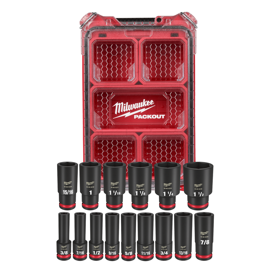 Milwaukee SHOCKWAVE Impact Duty 15-Piece 1/2 inch Drive SAE Deep Impact Socket Set 49-66-6802 with PACKOUT Compact Organizer