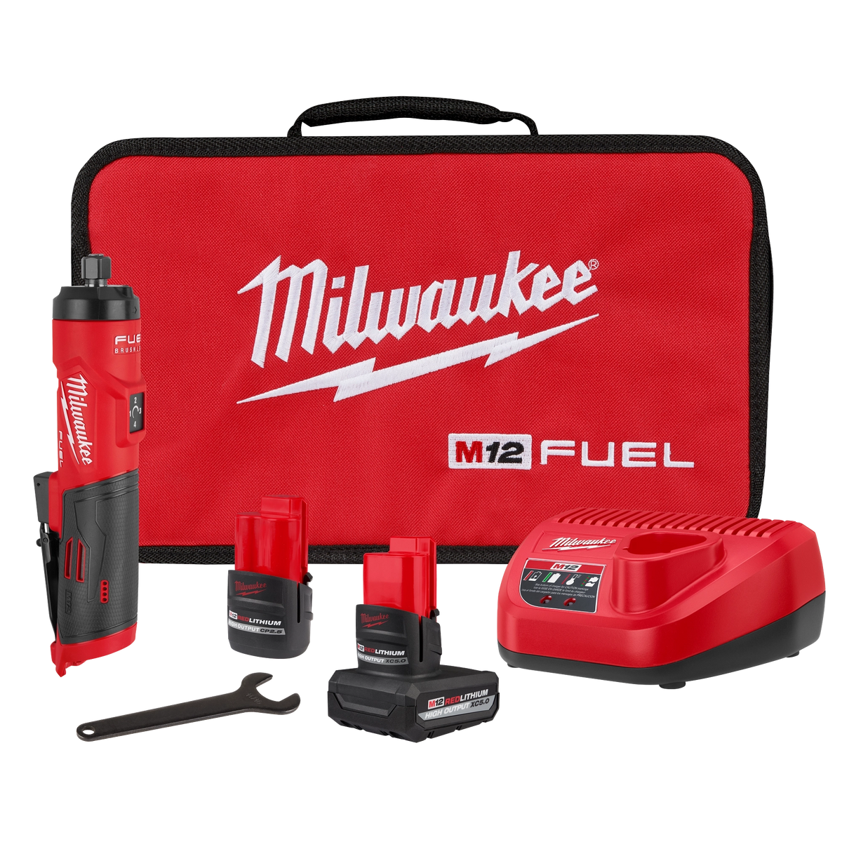 Milwaukee M12 FUEL 1/4" Straight Die Grinder Kit 3486-22 with XC5.0 and CP2.5 batteries, charger, wrench and contractor bag