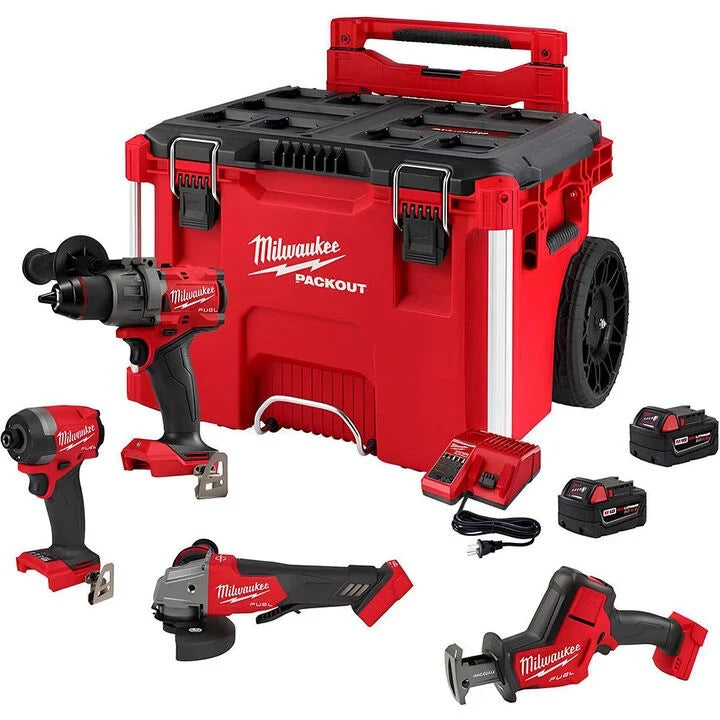 Milwaukee M18 FUEL 4-Tool Combo Kit with PACKOUT 3697-24PO: hammer drill, impact driver, braking grinder, HACKZALL, two XC5.0 batteries, charger and PACKOUT Rolling Tool Box